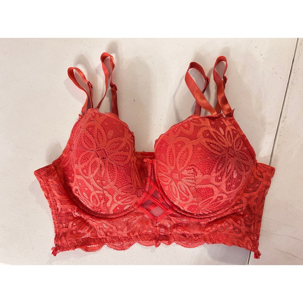 Coral Red Floral Lace Lingerie Set Longline Bra Boyshorts xLARGE stretchy  40D - Picture 4 of 8